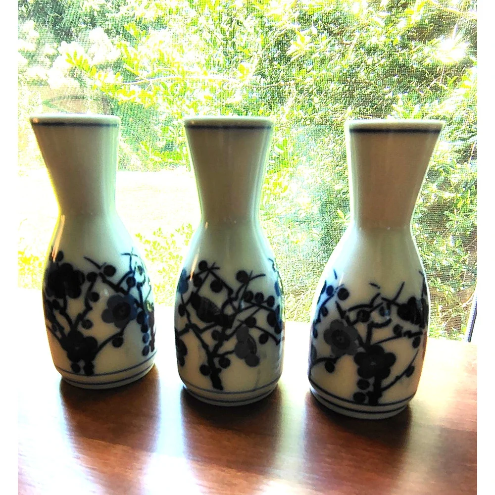 (3) Vtg Japanese Sake Bottle Decanter Vase Blue Porcelain Bamboo Cherry Blossoms